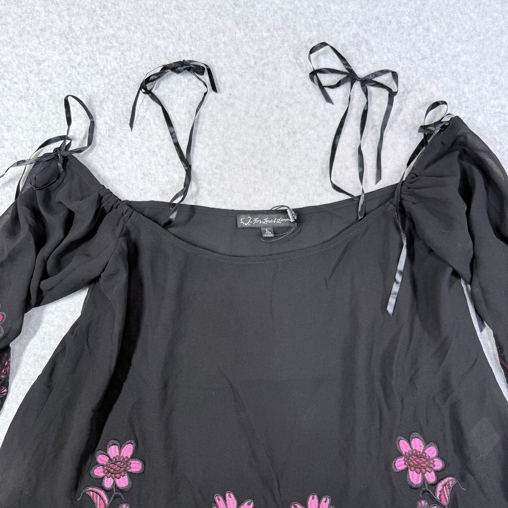 For Love & Lemons Blouse Women L Black Good Floral Embroidered Boho Ribbon Tie - Picture 5 of 14